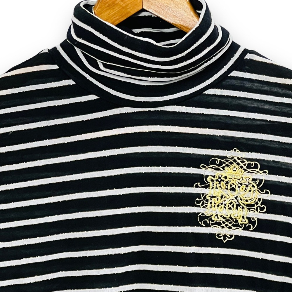 Express Striped Turtleneck‎ Top S Black White Long Sleeve Gold Crest Y2K - Picture 4 of 10
